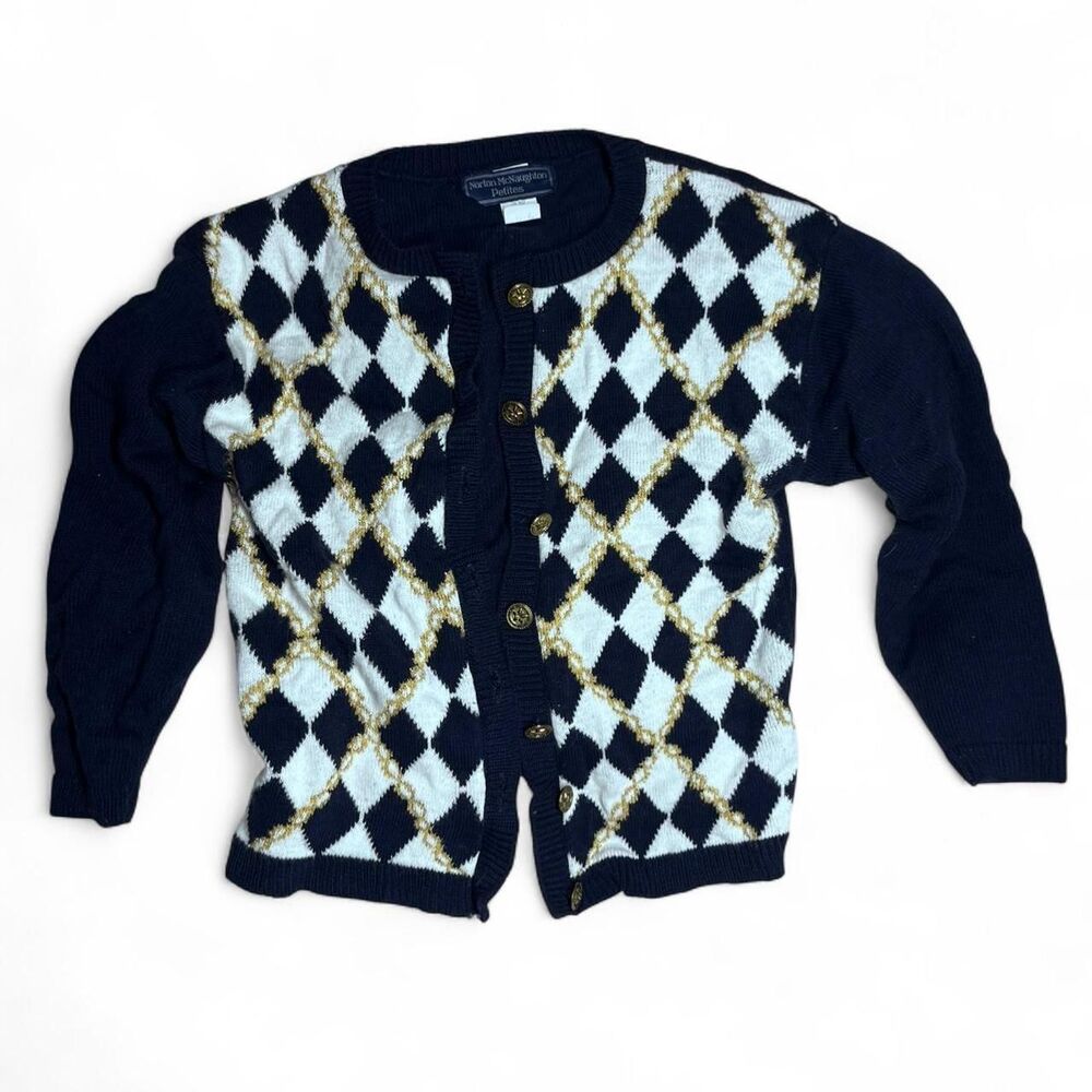 VTG Norton McNaughton Navy Blue Gold Chain Cardigan Petite Small | Argyle 90s